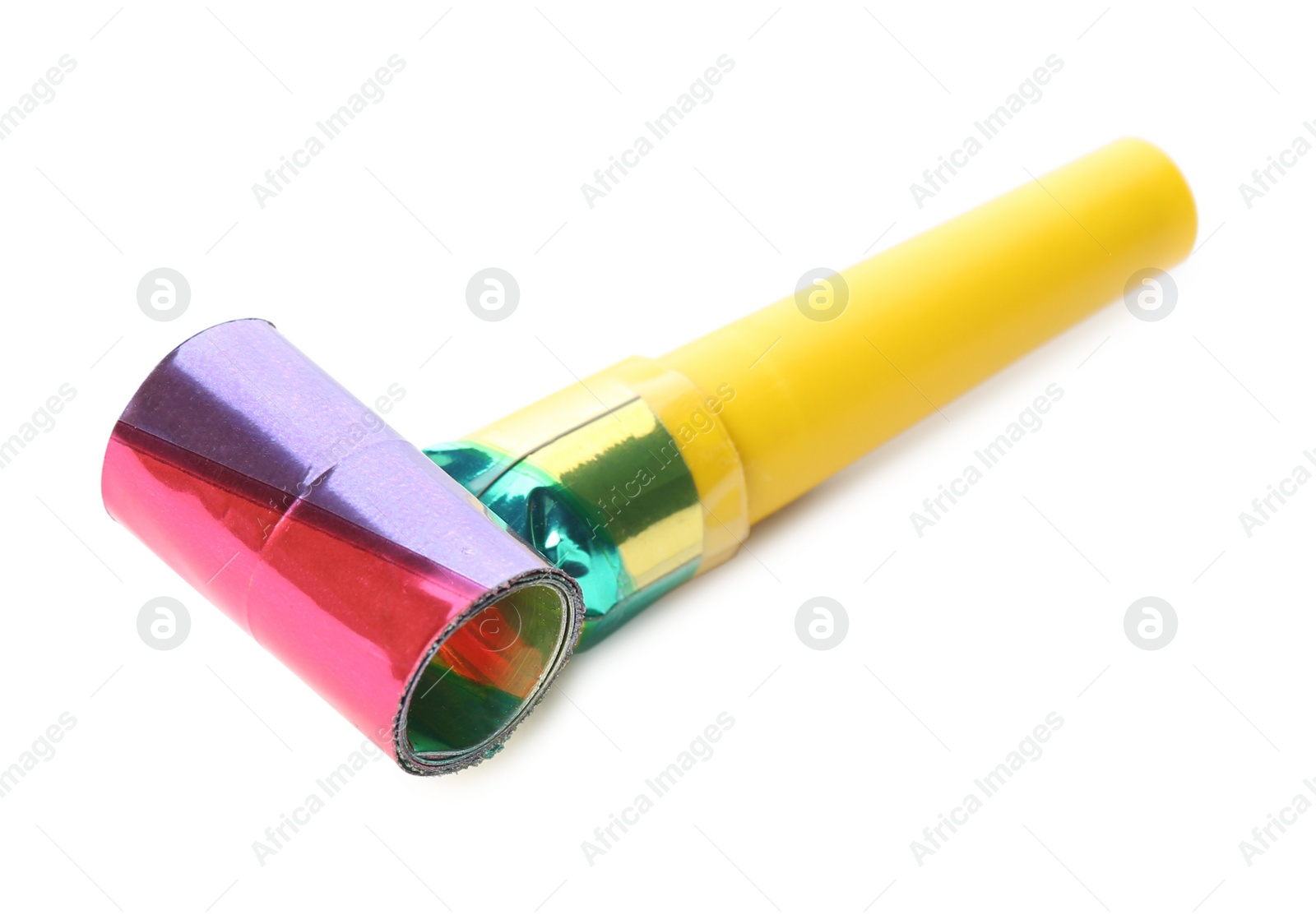 Photo of Yellow party blower isolated on white. Clown's accessory