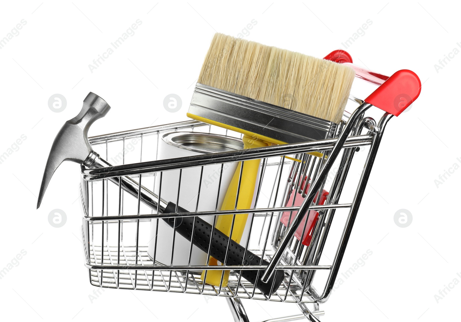 Photo of Small shopping cart with paint and renovation equipment isolated on white