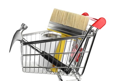 Small shopping cart with paint and renovation equipment isolated on white