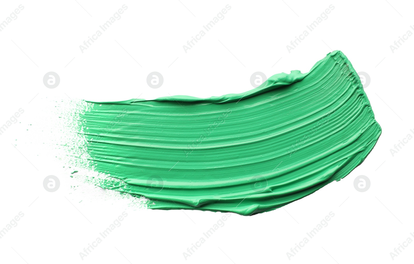 Photo of Green oil paint stroke on white background, top view