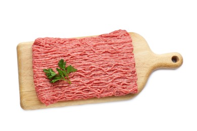 Photo of Raw fresh minced meat with parsley isolated on white, top view