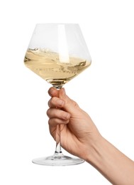 Woman with glass of wine isolated on white, closeup