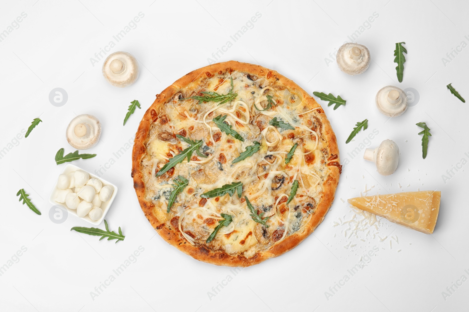 Photo of Delicious pizza with cheese on white background