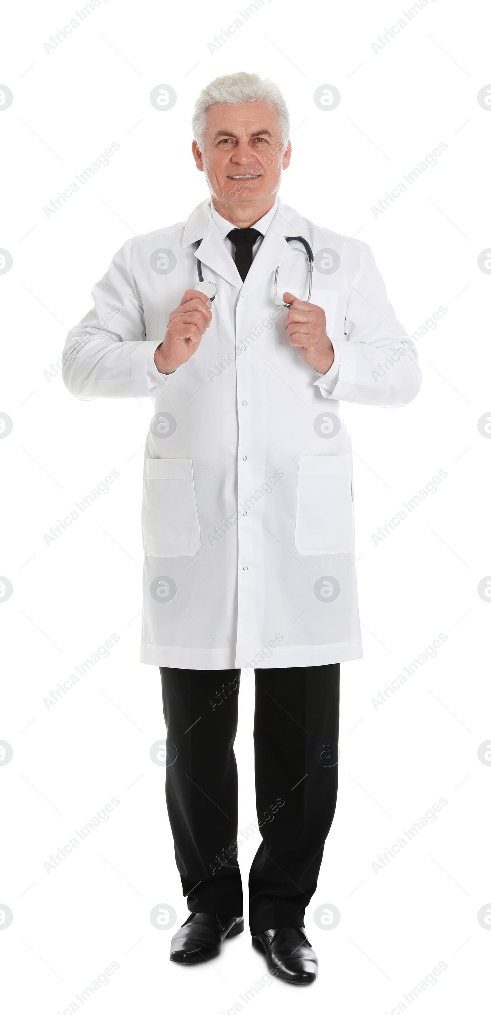 Photo of Full length portrait of male doctor with stethoscope isolated on white. Medical staff