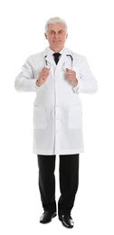 Photo of Full length portrait of male doctor with stethoscope isolated on white. Medical staff