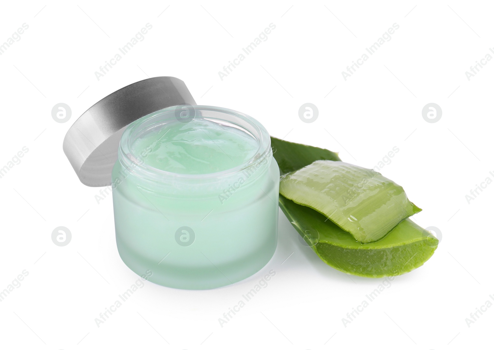 Photo of Jar of natural gel and cut aloe isolated on white