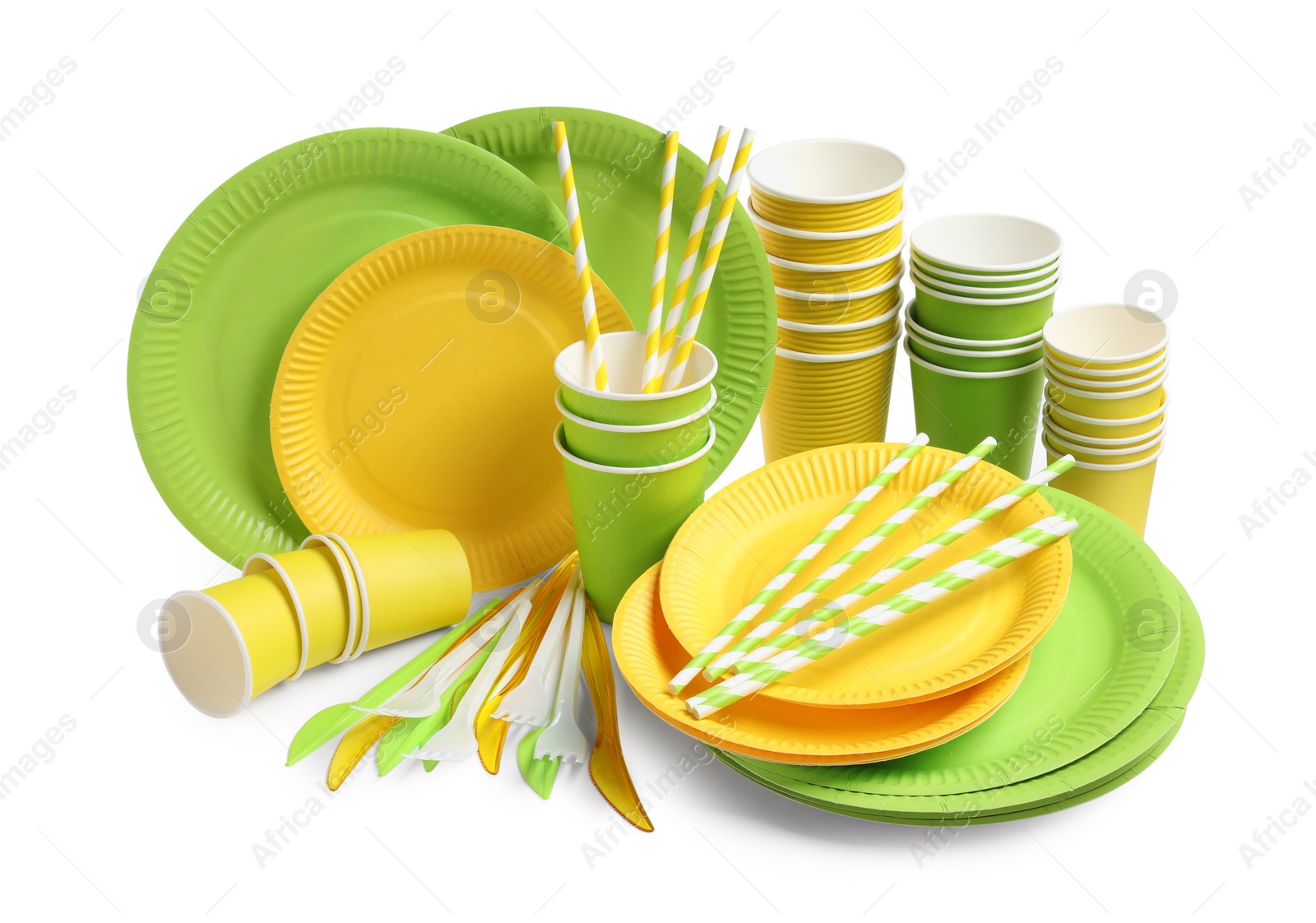 Photo of Set of disposable tableware on white background