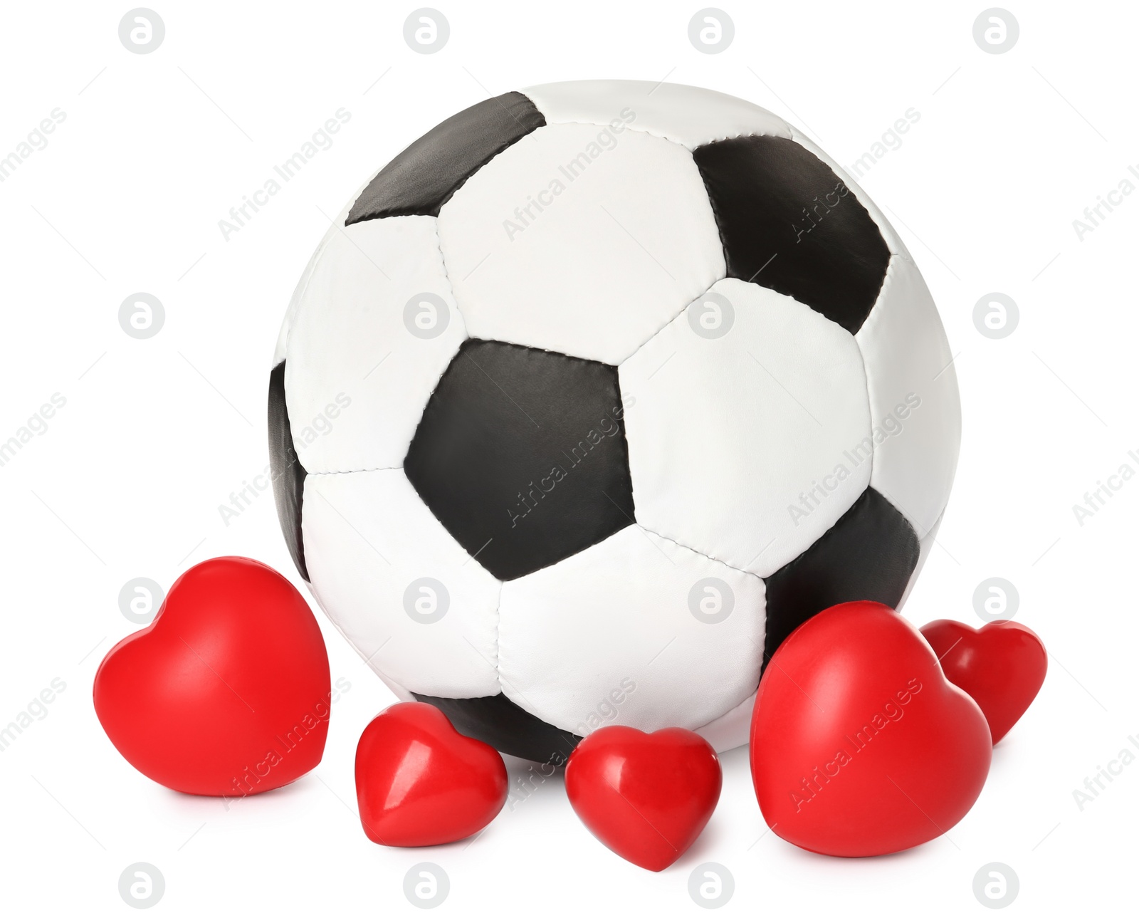 Photo of Soccer ball and hearts on white background