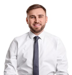 Photo of Portrait of happy businessman on white background. Personality concept
