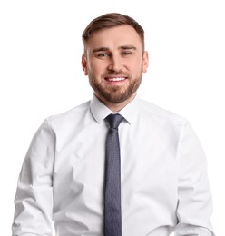 Portrait of happy businessman on white background. Personality concept