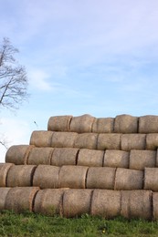 Photo of Many hay bales on green grass outdoors