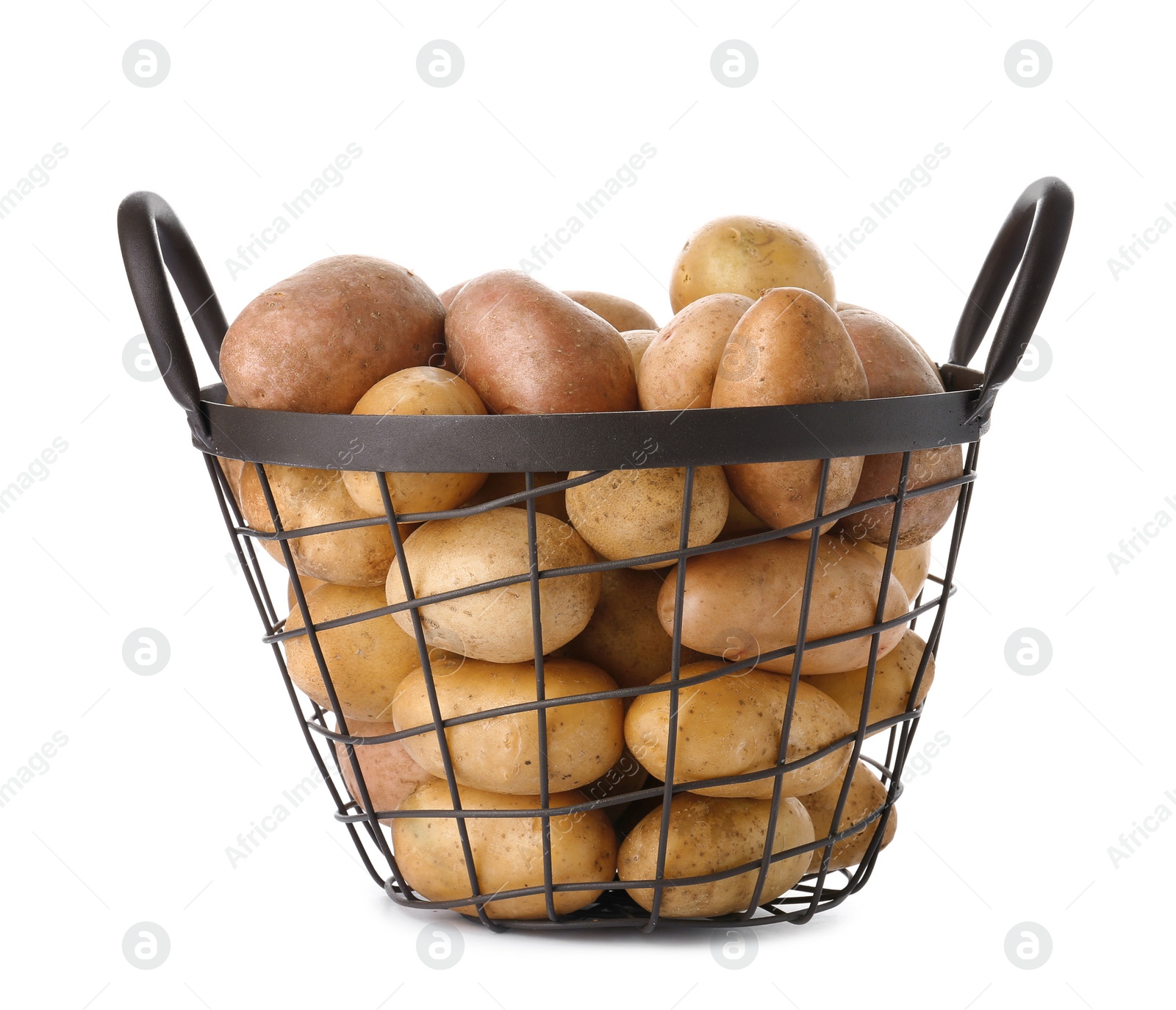 Photo of Basket with fresh ripe organic potatoes on white background