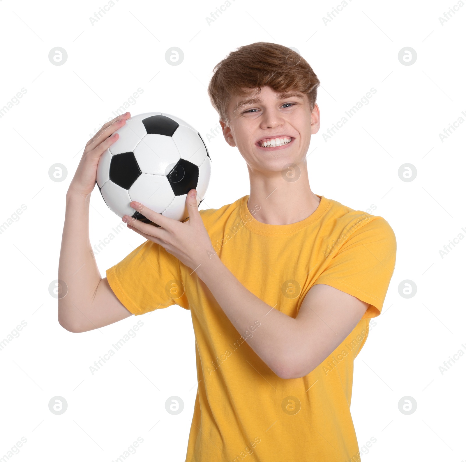 Photo of Teenage boy with soccer ball on white background