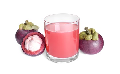 Delicious mangosteen juice and fresh fruits on white background