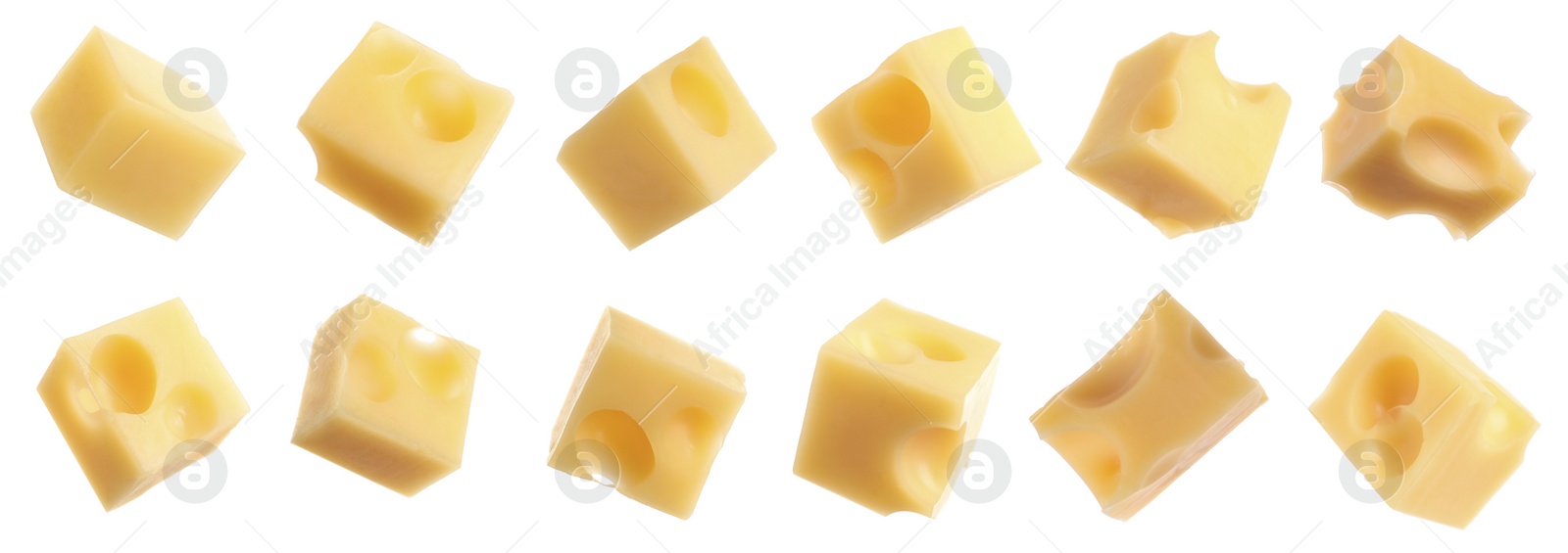 Image of Set of delicious cheese cubes on white background. Banner design