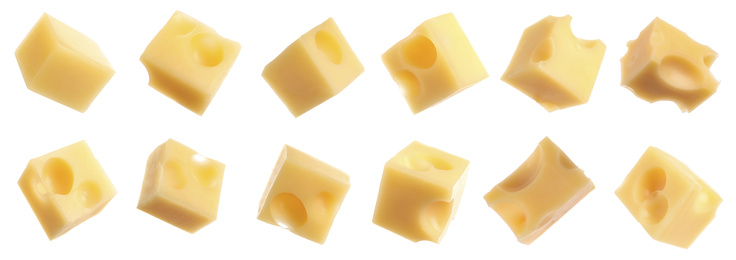 Set of delicious cheese cubes on white background. Banner design