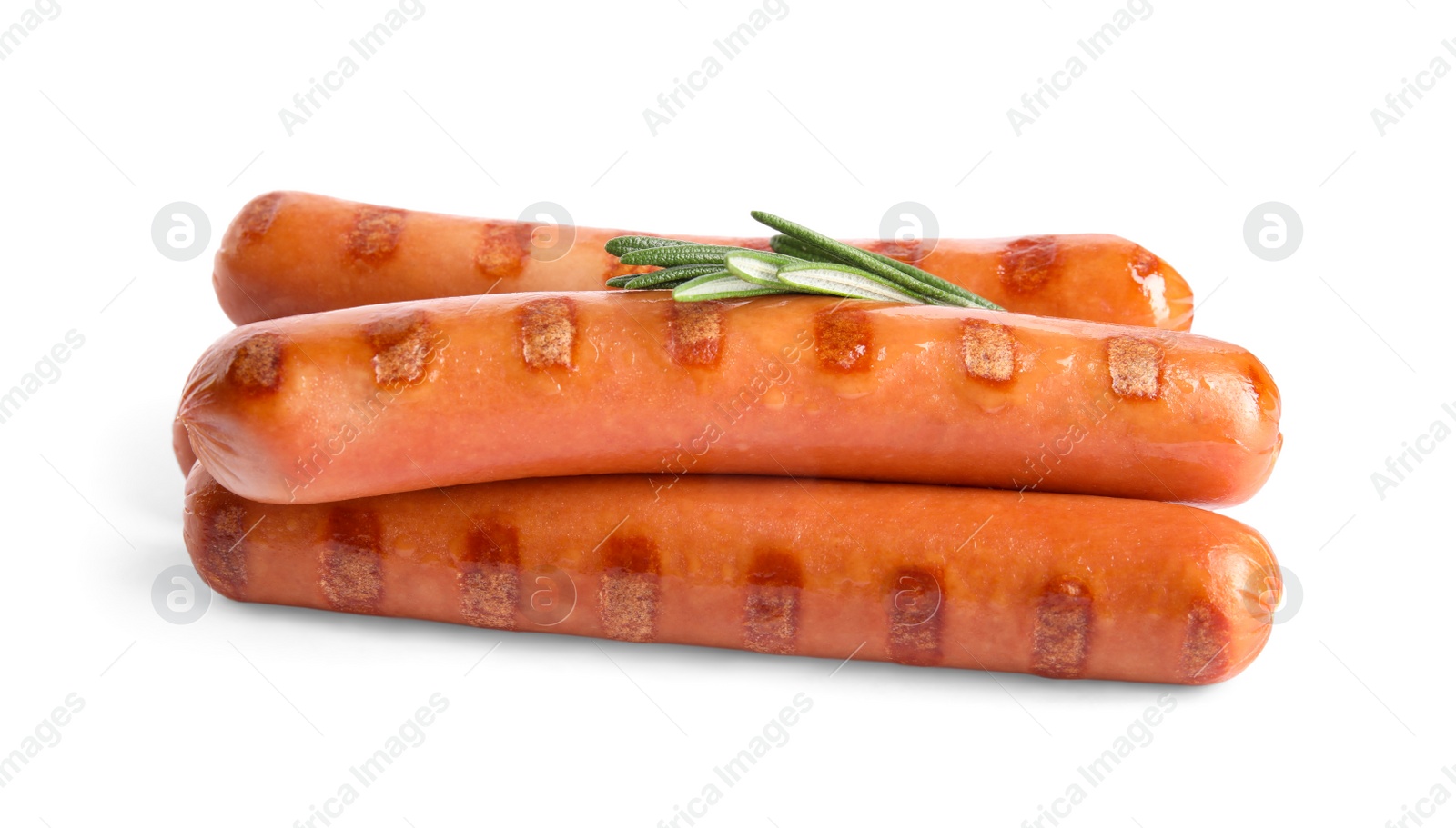 Photo of Grilled sausages and rosemary isolated on white