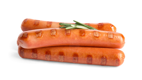 Grilled sausages and rosemary isolated on white