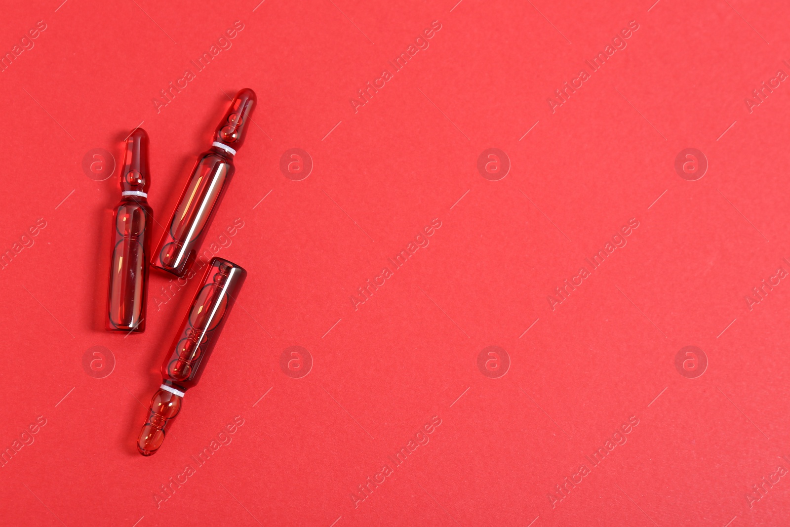 Photo of Glass ampoules with liquid on red background, top view. Space for text