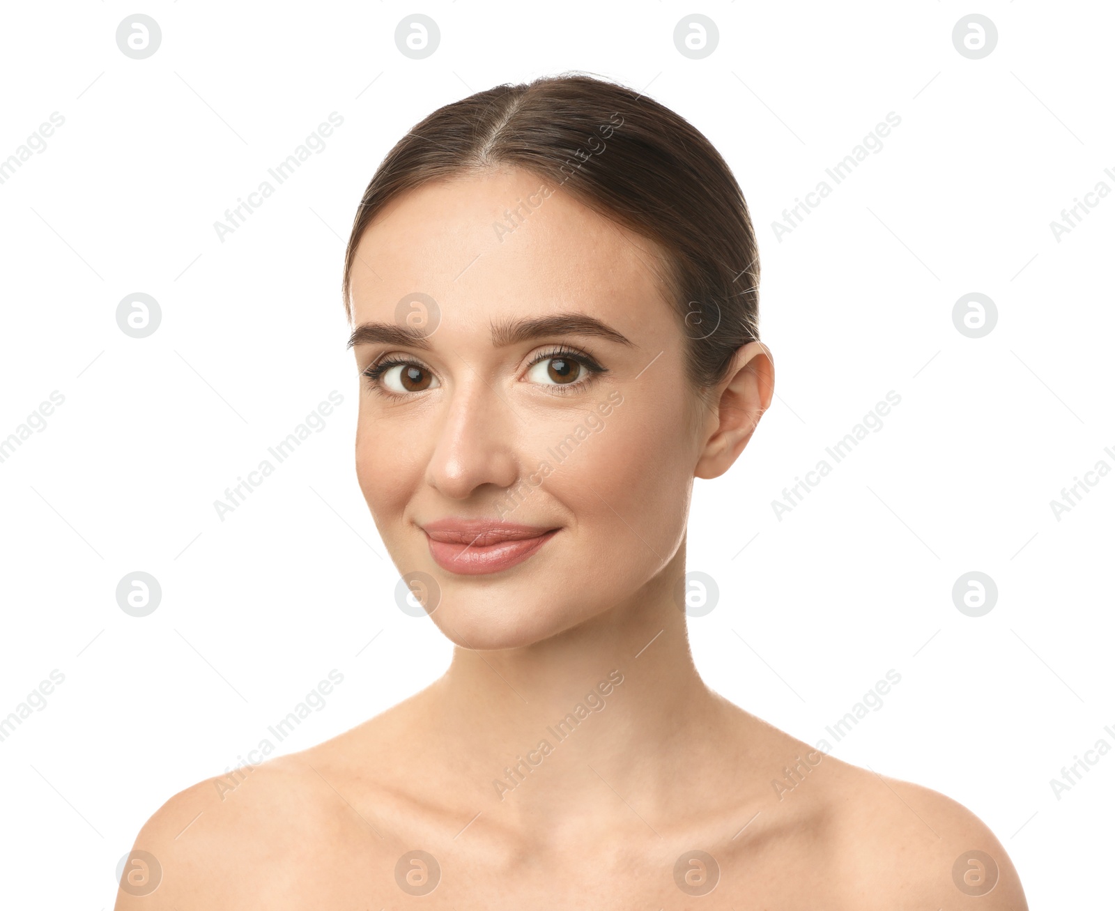 Photo of Beautiful woman with perfect smooth skin on white background