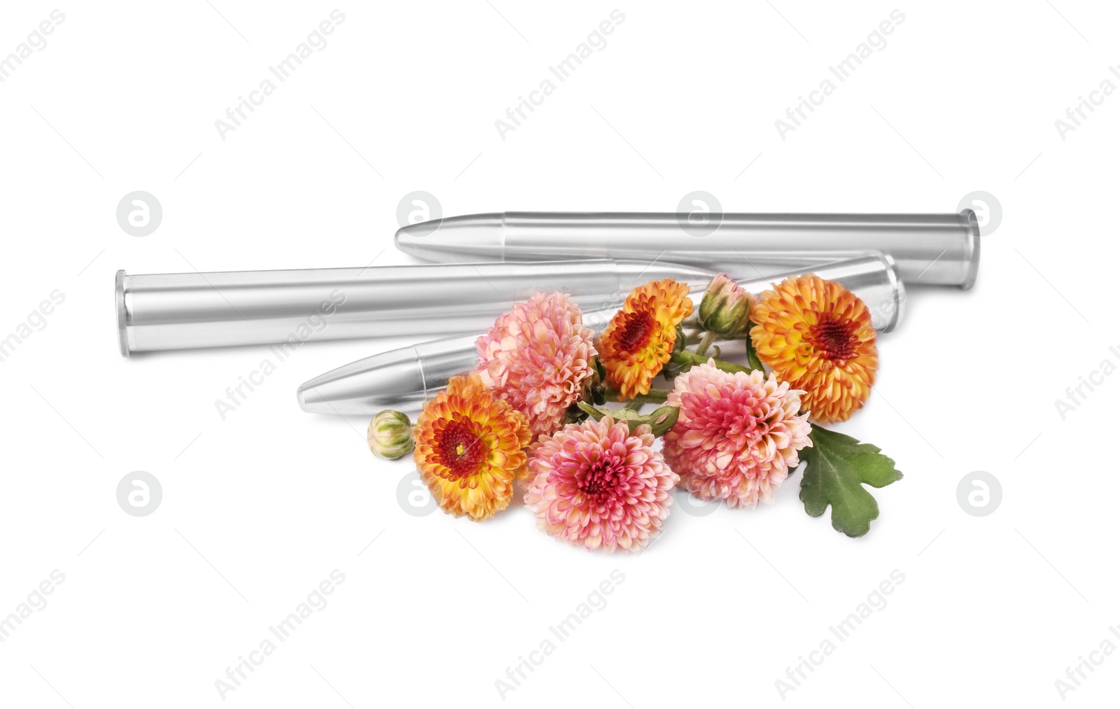 Photo of Bullets and beautiful flowers isolated on white