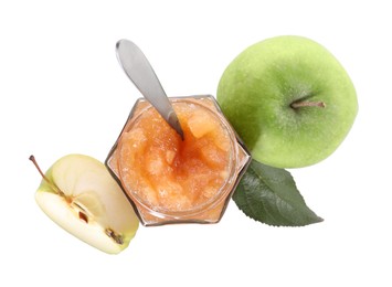 Glass jar of delicious apple jam and fresh fruits isolated on white, top view