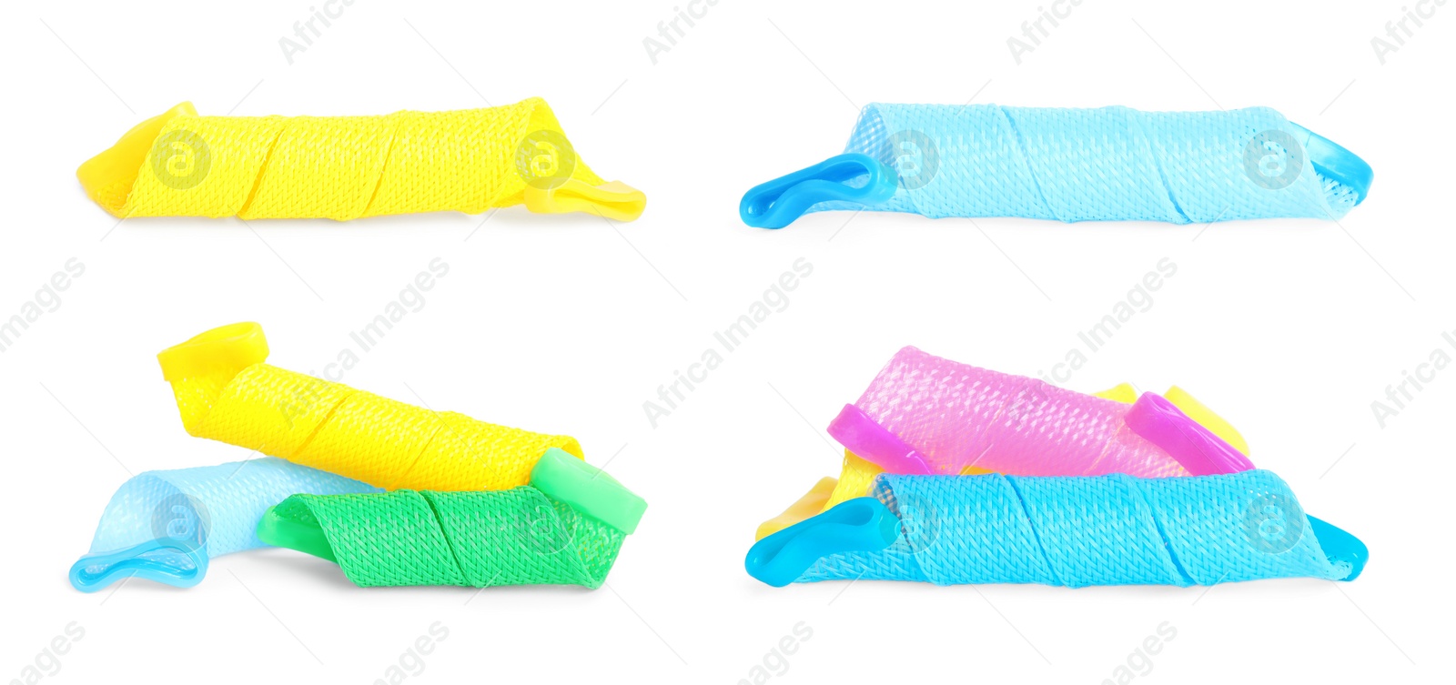 Image of Set with hair curlers on white background. Banner design