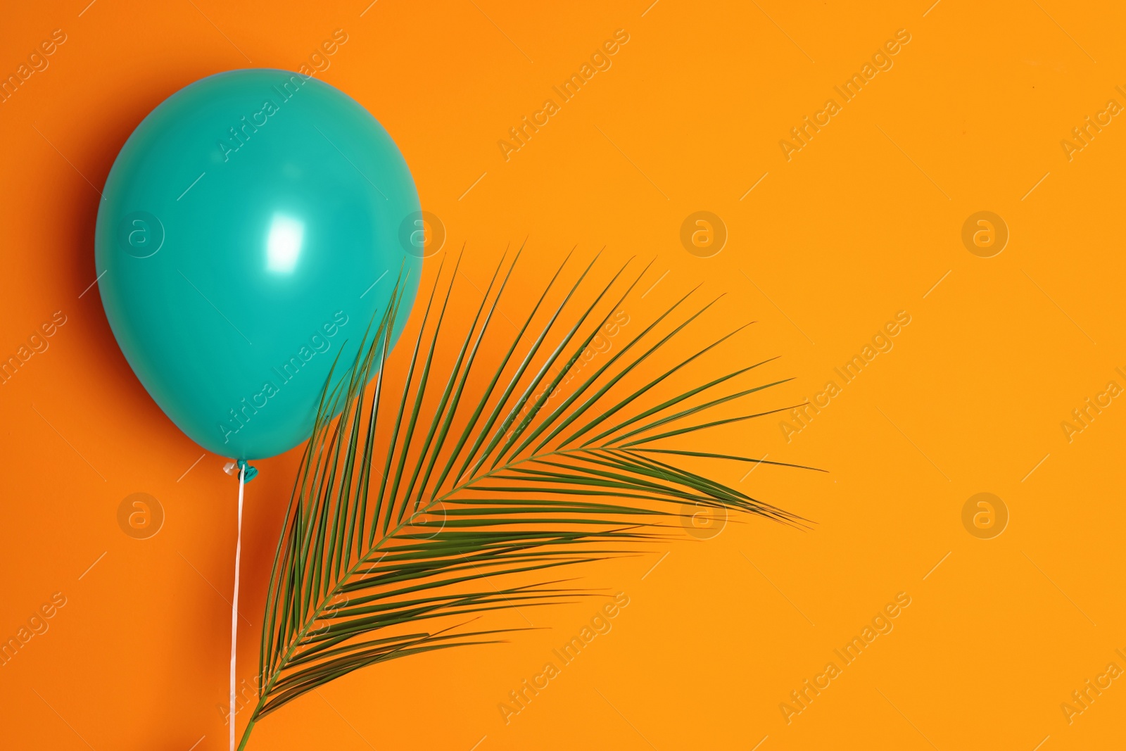 Photo of Green balloon and palm leaf on color background. Celebration time