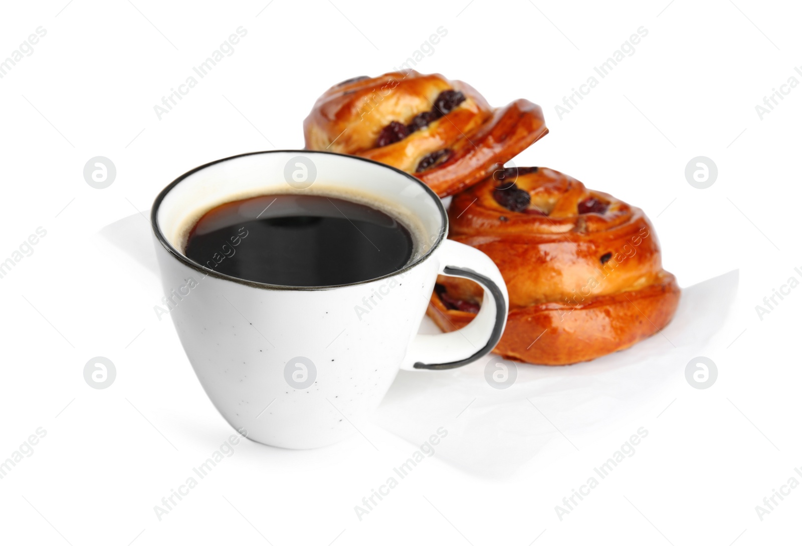 Photo of Delicious pastries and coffee on white background