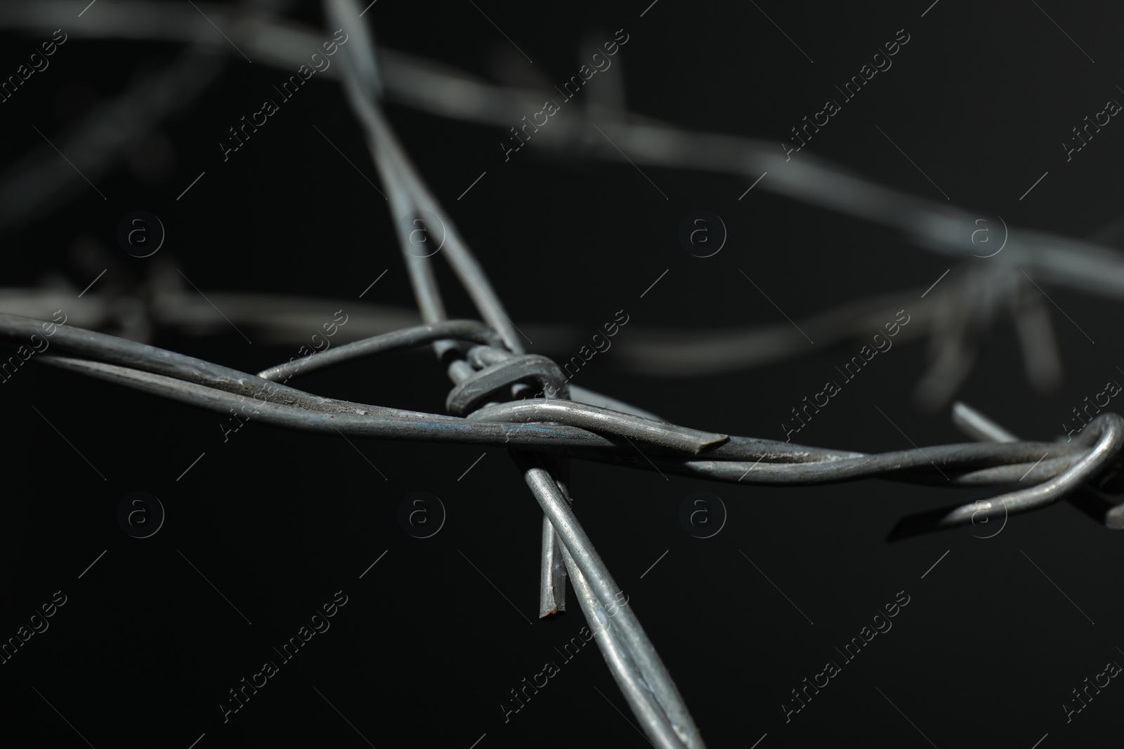 Photo of Metal barbed wire on dark grey background, closeup