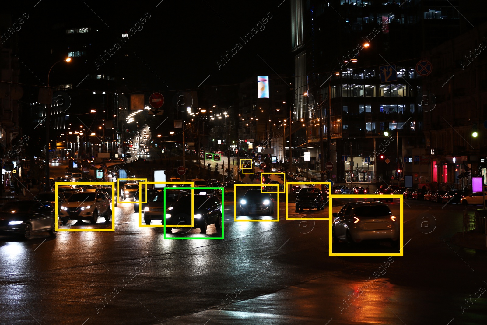 Image of Night city road with scanner frames on cars. Machine learning