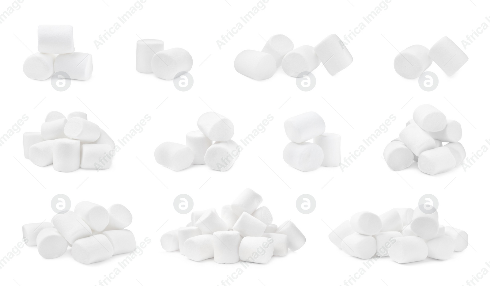 Image of Set with delicious sweet puffy marshmallows on white background 