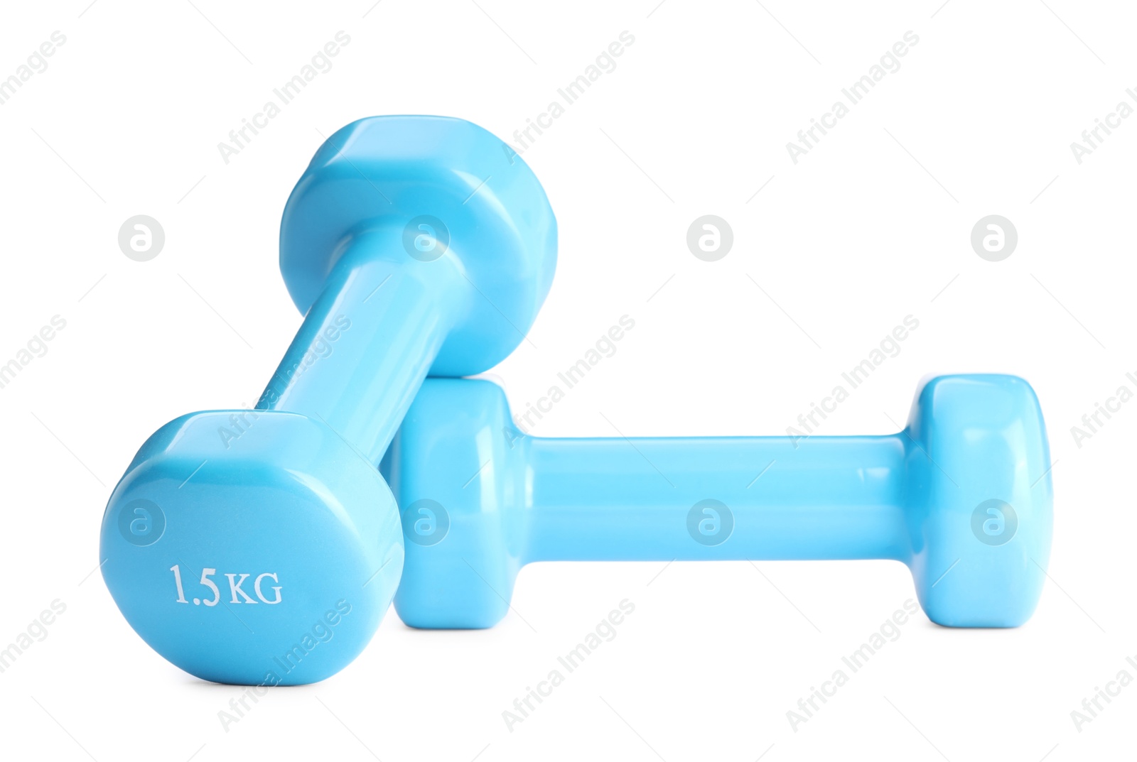 Photo of Light blue dumbbells isolated on white. Sports equipment