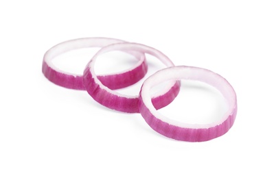 Photo of Sliced red onion rings on white background