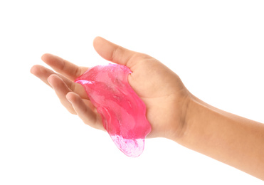 Woman playing with pink slime isolated on white, closeup. Antistress toy