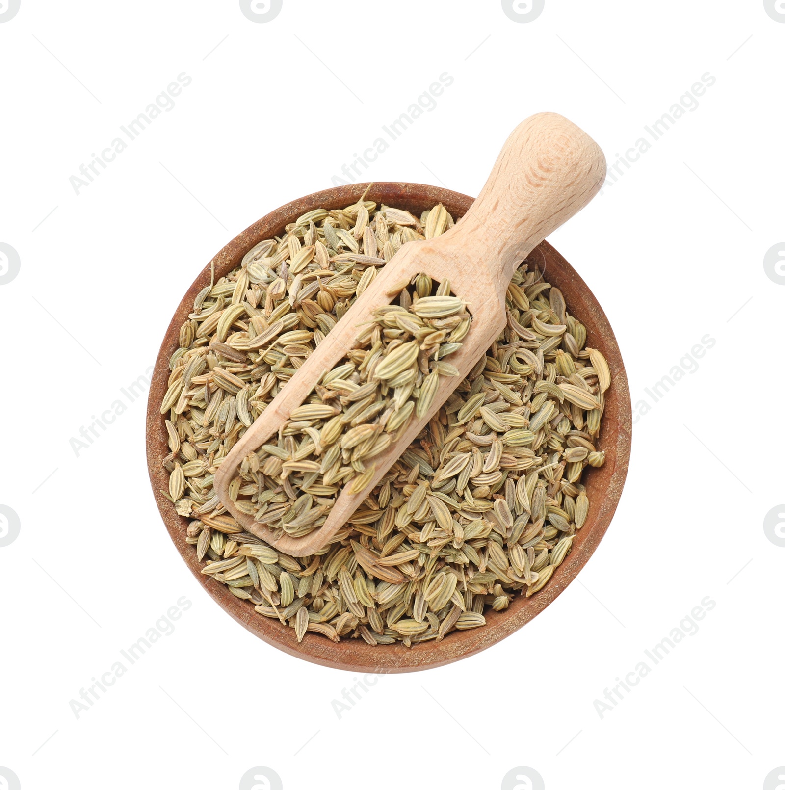 Photo of Bowl and scoop with dry fennel seeds isolated on white, top view