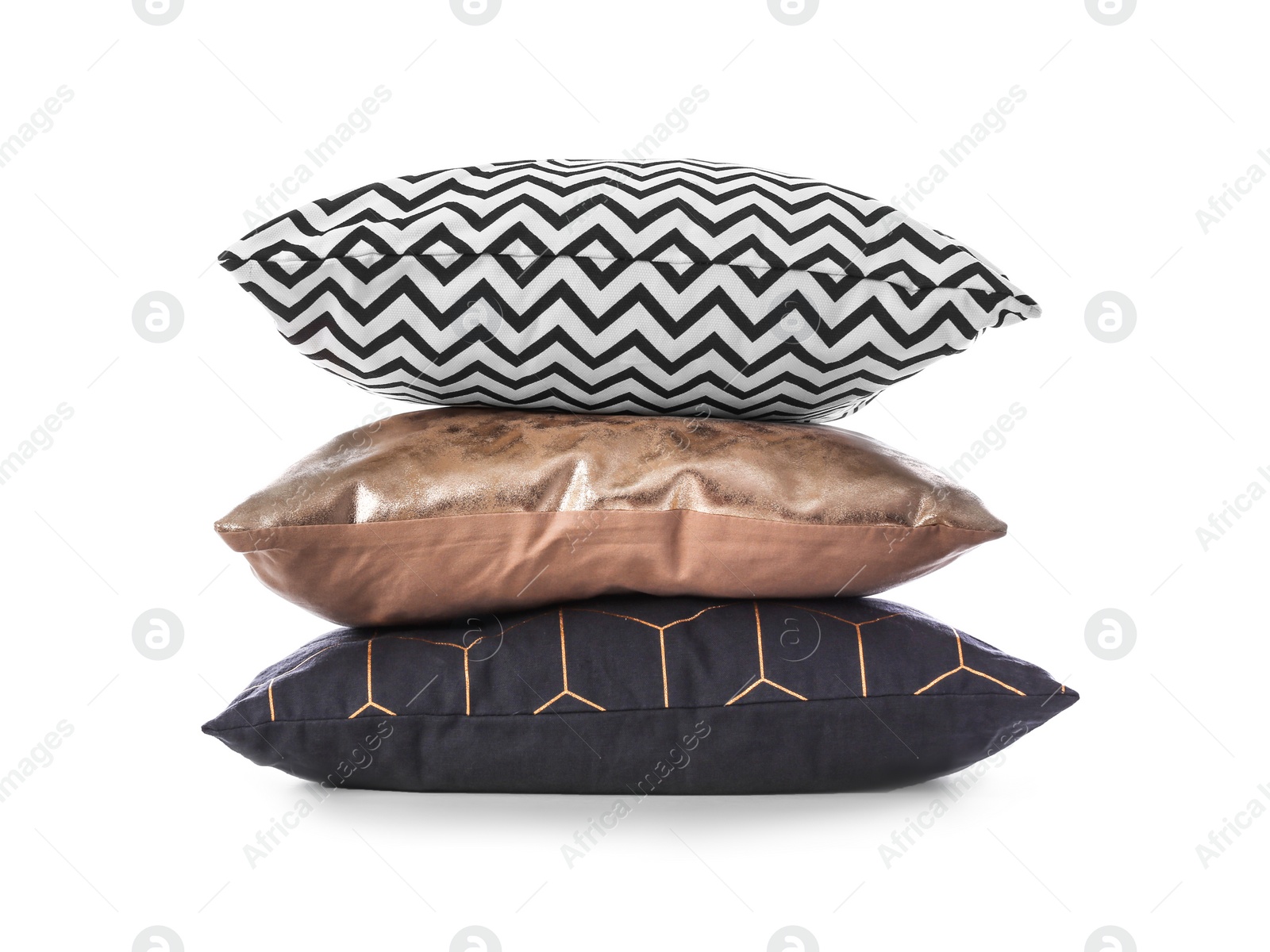 Photo of Stack of different colorful pillows on white background