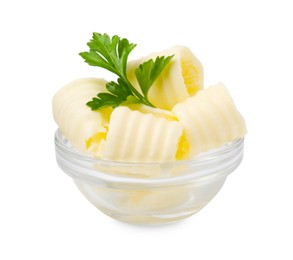 Tasty butter curls and fresh parsley in bowl isolated on white