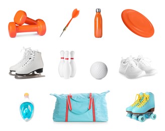 Image of Set with different sports tools on white background