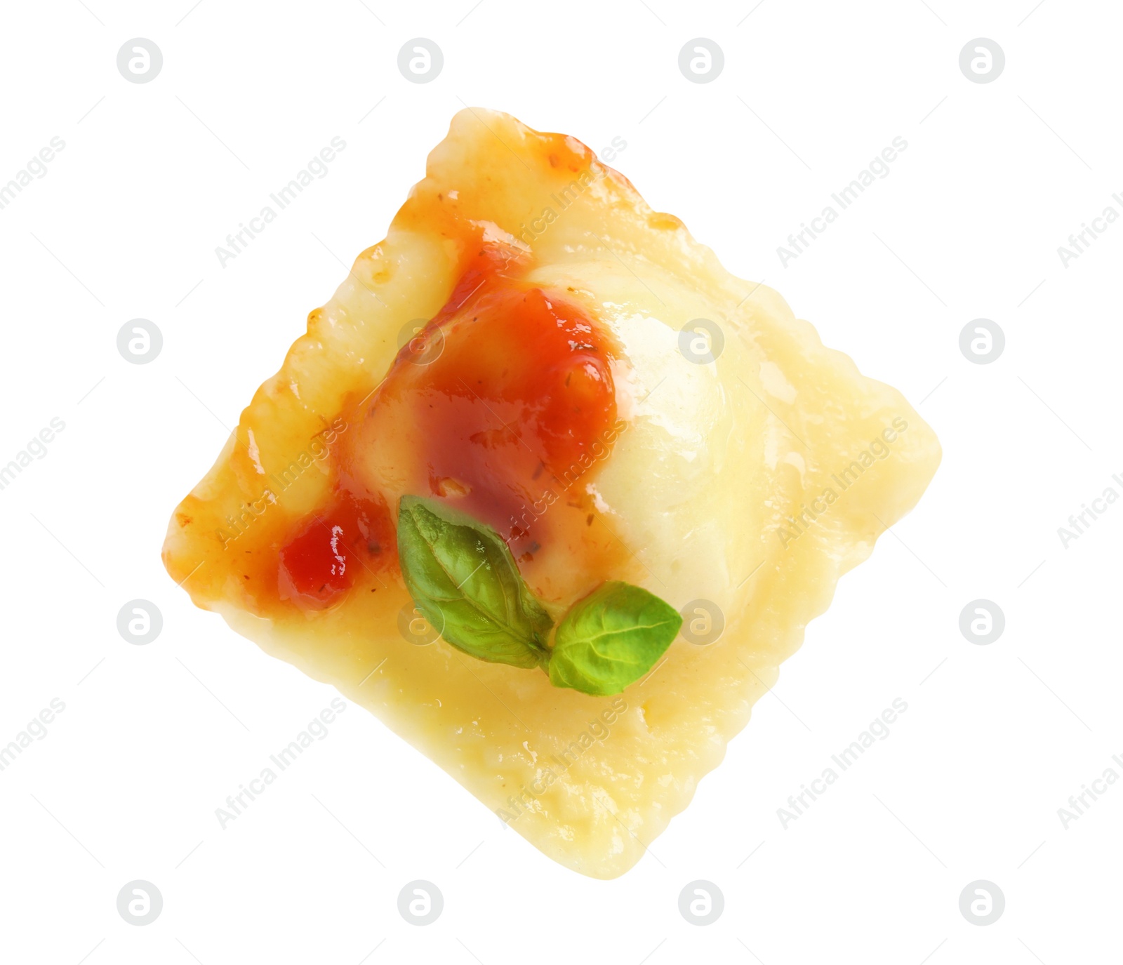 Photo of Tasty ravioli with tomato sauce isolated on white