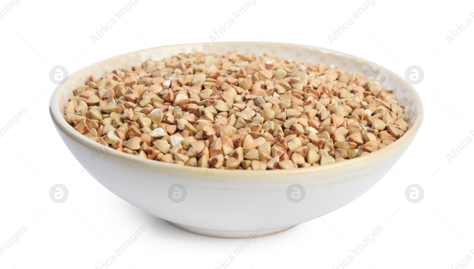 Photo of Green buckwheat in bowl isolated on white