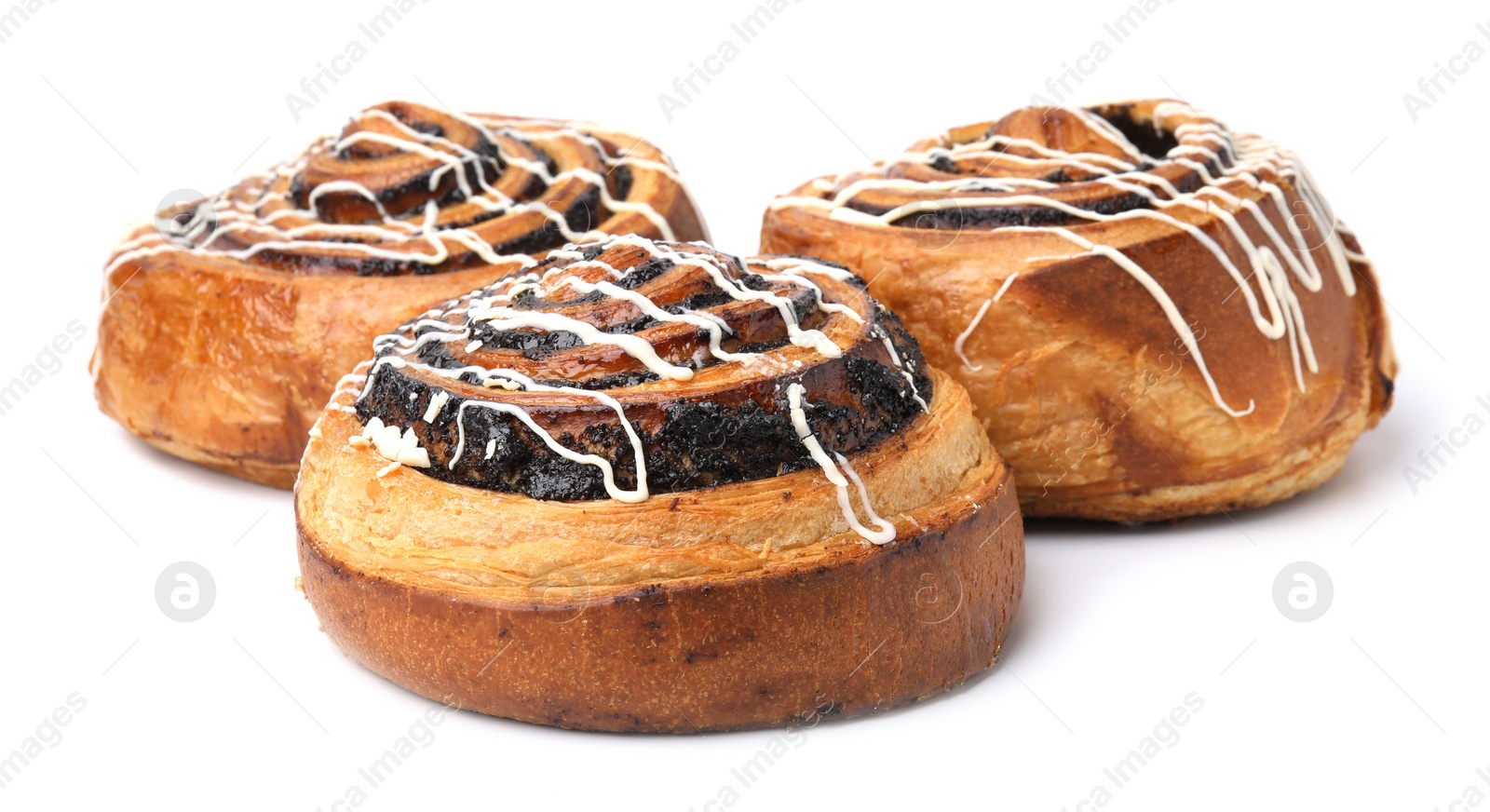 Photo of Delicious rolls with topping and poppy seeds isolated on white. Sweet buns