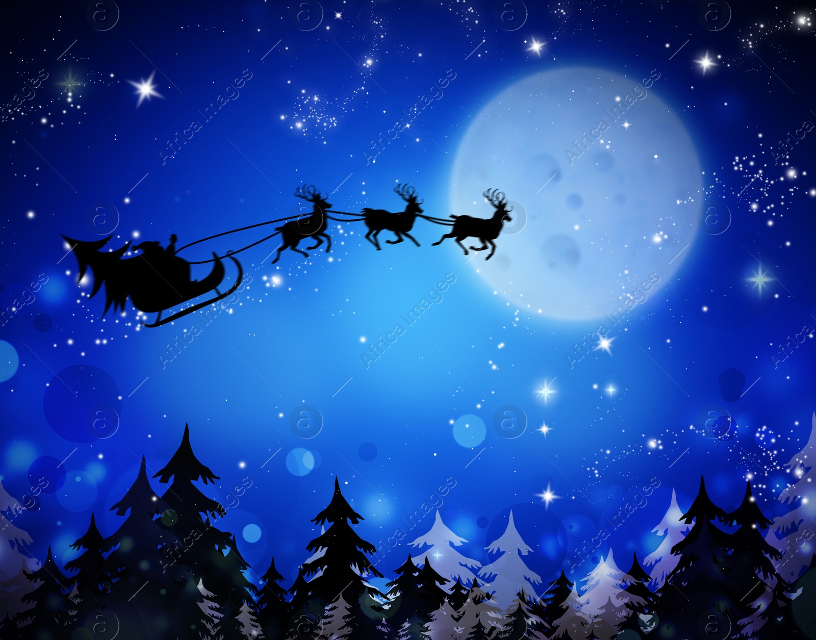 Image of Magic Christmas eve. Santa with reindeers flying in sky on full moon night