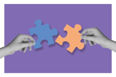 Image of Hands putting pieces of jigsaw puzzle together on color background. Stylish art collage
