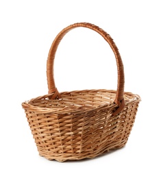 Photo of Empty wicker basket isolated on white. Easter item