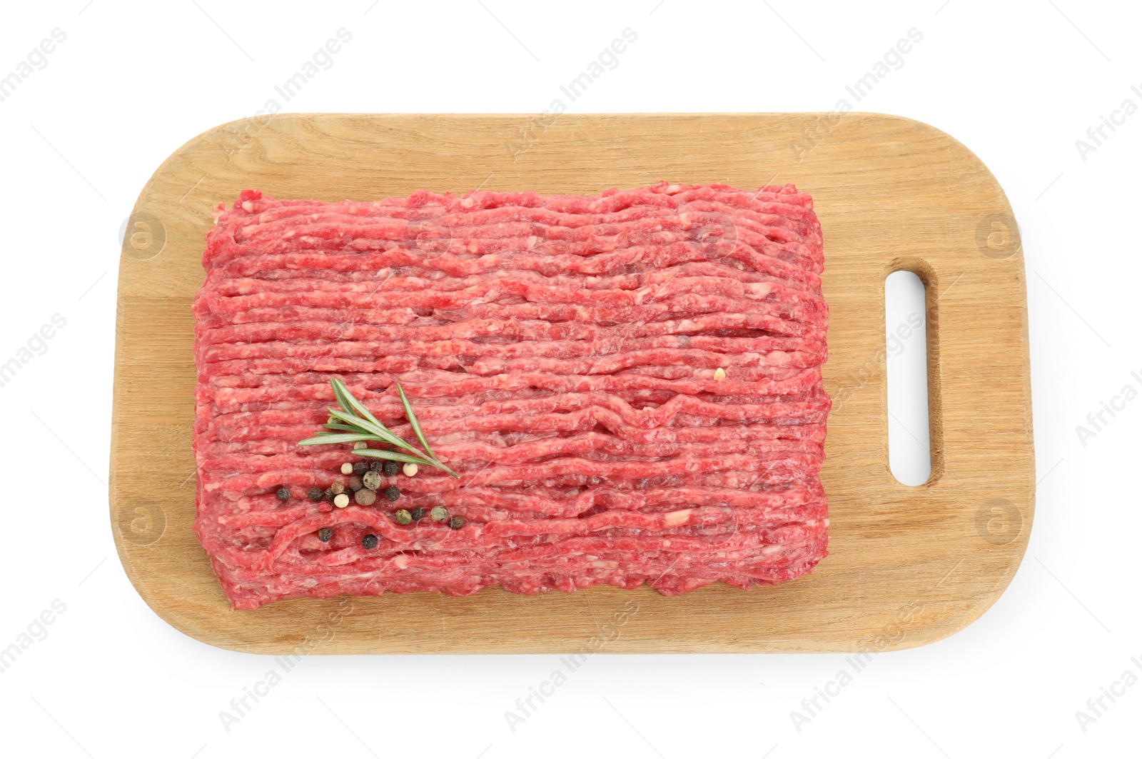 Photo of Raw ground meat, rosemary and peppercorns isolated on white, top view