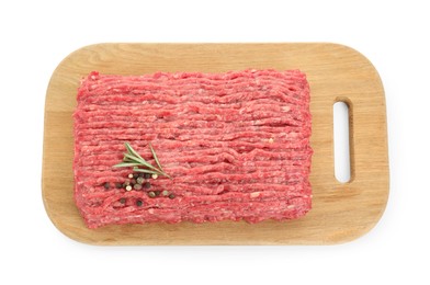 Photo of Raw ground meat, rosemary and peppercorns isolated on white, top view