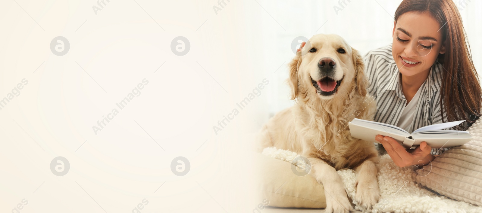 Image of Young woman and her pet at home, space for text. Banner design