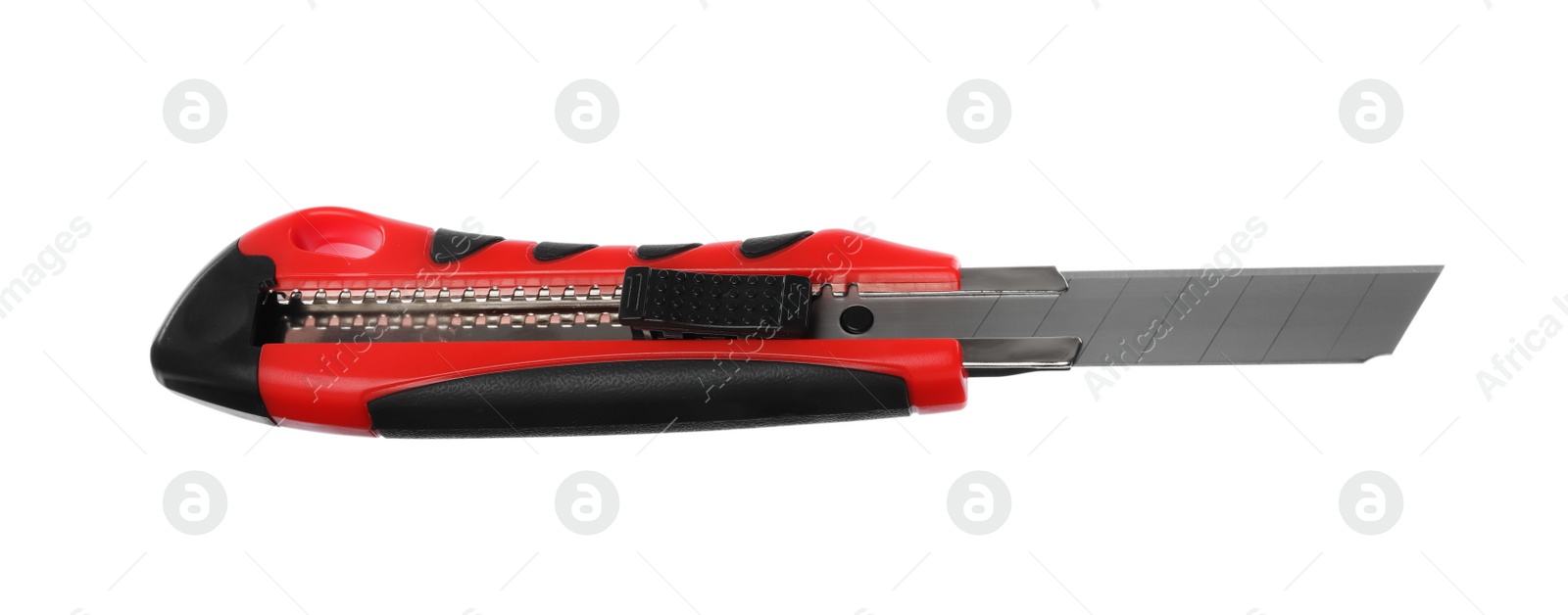 Photo of Red utility knife isolated on white. Construction tool