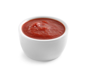 Delicious tomato sauce in bowl on white background